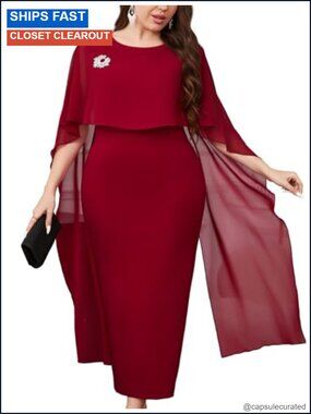 Plus Size Chiffon Cape Bodycon Pencil Maxi Dress Wedding Guest Cocktail